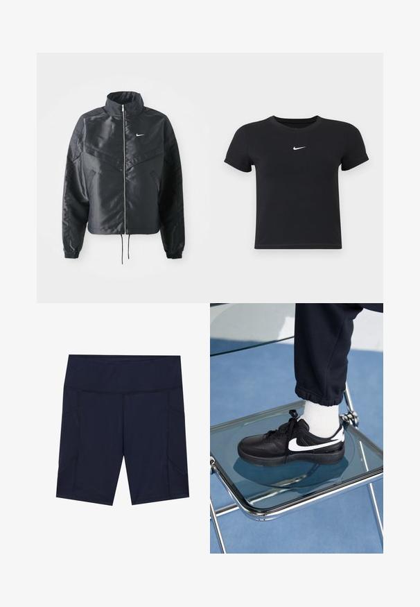 Chaqueta negra corta con cuello alto, cierre de cremallera, puños de elastano y un logo de Nike en blanco. Tejido suave y brillante con una superficie ligeramente texturizada.; Camiseta negra de manga corta hecha de algodón con un cuello redondo. Presenta un logo blanco de Nike en el pecho, diseño minimalista y forma ajustada.; Pantalones cortos deportivos azul marino con una textura suave, cinturilla ancha y dos bolsillos laterales. Presentan detalles de costura en contraste y una forma ajustada.; Zapatillas Nike negras con acentos blancos, con una textura de cuero suave, diseño de cordones y punta redondeada, colocadas sobre una silla de cristal.