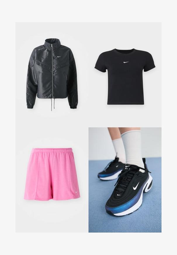 Svart cropped jakke med høy krage, glidelåsåpning, elastiske mansjetter og en hvit Nike-logo. Glatt, shiny stoff med en lett teksturert overflate.; Svart T-skjorte med kort arm laget av bomull med rund hals. Har en hvit Nike-logo på brystet, minimalistisk design og tettsittende fasong.; Rosa treningsshorts laget av mykt stoff, med elastisk midje og et sidemannskap aksent. Rett ben design med en jevn tekstur.; Sorte Nike joggesko med en glatt stoffoverdel, med et gradientdesign fra blått til svart, hvit såle og fremtredende logoaksenter.