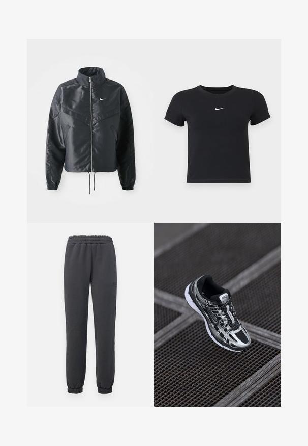Melna apgriezta jaka ar augstu apkakli, rāvējslēdzēja aizdari, elastīna aprocēm un baltu Nike logo. Gluda, spīdīga auduma ar nedaudz teksturētu virsmu.; Melns īsām piedurknēm T-krekls no kokvilnas ar apaļu kakla izgriezumu. Ar balto Nike logotipu uz krūtīm, minimālisma dizains un pieguļošs siluets.; Rip Curl VARSITY PANTS - Treniņtērpa apakšdaļas - washed black; Nike skriešanas apavi ar melnas un sudraba krāsas shēmu, acs augšdaļu, teksturētu zoli un saistes sistēmu drošai piegulšanai.