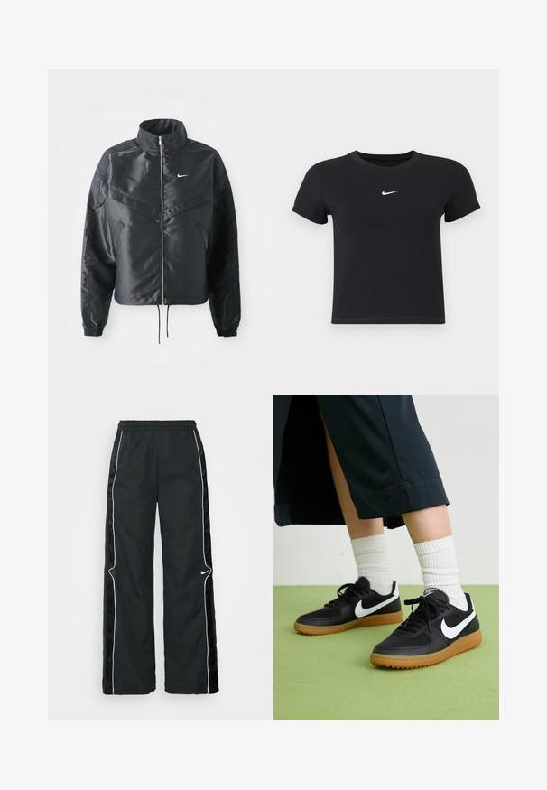 Svart cropped jakke med høy krage, glidelåsåpning, elastiske mansjetter og en hvit Nike-logo. Glatt, shiny stoff med en lett teksturert overflate.; Svart T-skjorte med kort arm laget av bomull med rund hals. Har en hvit Nike-logo på brystet, minimalistisk design og tettsittende fasong.; Nike Sportswear Joggebukse - black; Sorte lær- og syntetiske joggesko med hvit Nike swoosh, gummisåle, rund tå og sorte lisser. Ribbet hvite sokker synlige.