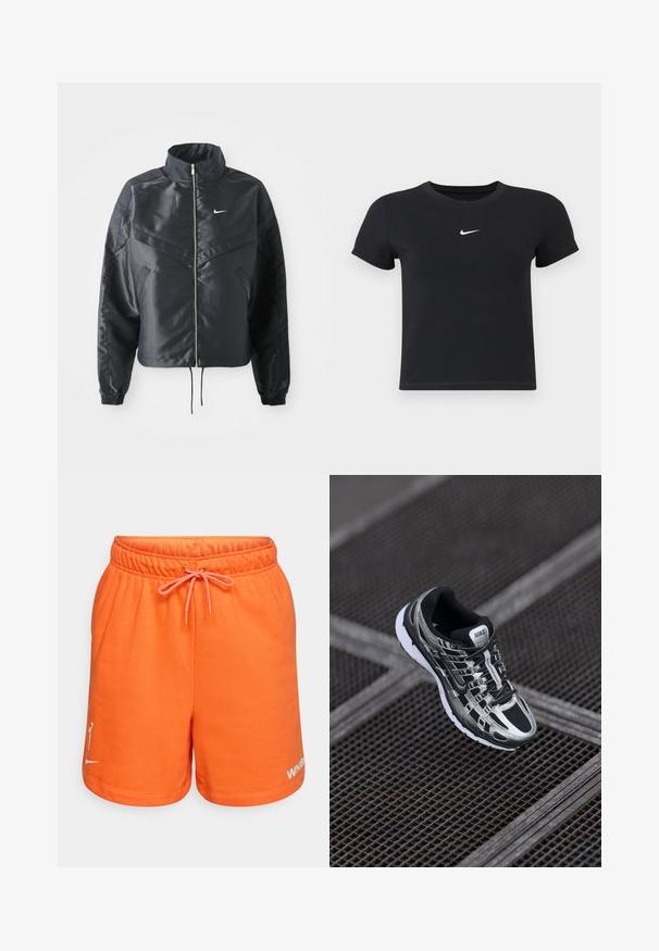 Black cropped jacket with high collar, zip closure, elastane cuffs, and a white Nike logo. Smooth, shiny fabric with a slightly textured surface.; Black short-sleeve t-shirt made of cotton with a round neckline. Features a white Nike logo on the chest, minimalistic design, and fitted shape.; Orange cotton shorts with an elastic waistband and drawstring. Features a logo on the left leg in white. Smooth texture and casual design.; Nike running shoe featuring a black and silver color scheme, mesh upper, textured sole, and lacing system for secure fit.