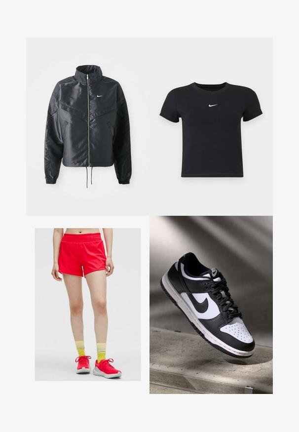 Schwarze, verkürzte Jacke mit hohem Kragen, Reißverschluss, Elastan-Ärmeln und einem weißen Nike-Logo. Glattes, glänzendes Material mit leicht strukturiertem Oberflächeneffekt.; Schwarzes T-Shirt mit kurzen Ärmeln aus Baumwolle und rundem Ausschnitt. Es hat ein weißes Nike-Logo auf der Brust, ein minimalistisches Design und eine taillierte Form.; Rote Sportshorts mit einem elastischen Bund, glattem Stoff und einem lockeren Schnitt. Begleitet von gelben, gestreiften Socken und sportlichen Schuhen.; Schwarz-weißer Nike Dunk Low Sneaker mit Lederobermaterial, perforiertem Zehenbereich und schwarzen Schnürsenkeln, ausgestattet mit einer weißen Sohle und Logo-Akzenten.