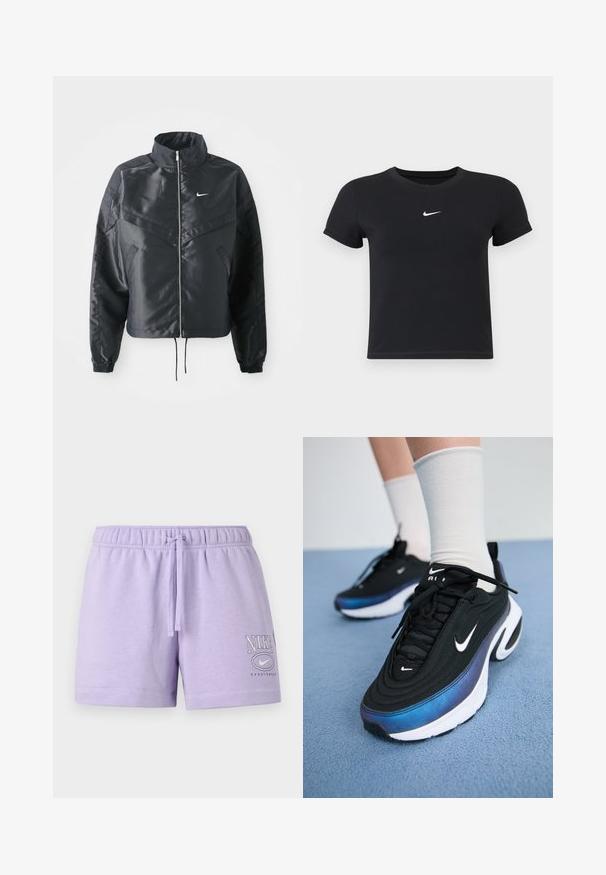 Svart cropped jakke med høy krage, glidelåsåpning, elastiske mansjetter og en hvit Nike-logo. Glatt, shiny stoff med en lett teksturert overflate.; Svart T-skjorte med kort arm laget av bomull med rund hals. Har en hvit Nike-logo på brystet, minimalistisk design og tettsittende fasong.; Lilla bomullsshorts med elastisk midje og snøring. Har hvit Nike-logo og teksten "NIKE SPORTWEAR" foran.; Sorte Nike joggesko med en glatt stoffoverdel, med et gradientdesign fra blått til svart, hvit såle og fremtredende logoaksenter.