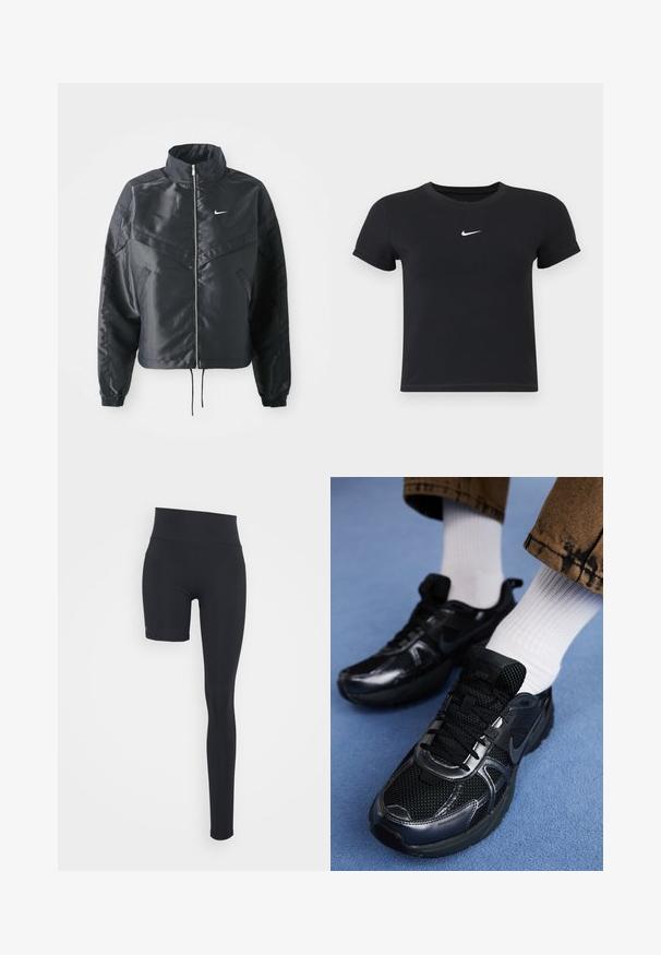 Černá zkrácená bunda s vysokým límcem, zipovým zapínáním, elastickými manžetami a bílým logem Nike. Hladká, lesklá látka s mírně strukturovaným povrchem.; Černé tričko s krátkým rukávem vyrobené z bavlny s kulatým výstřihem. Na hrudi se nachází bílé logo Nike, minimalistický design a přiléhavý střih.; Even&Odd active ADAPTIVE MID RISE LEGGINGS - Punčochy - black/short right leg; Černé sportovní boty Nike mají síťovinový svršek s lesklými akcenty, černé tkaničky a texturovanou podrážku. V kombinaci s bílými žebrovanými ponožkami.
