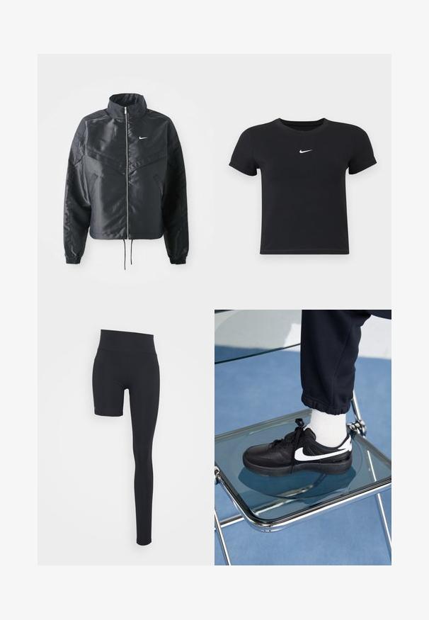 Czarna krótka kurtka z wysokim kołnierzem, zamek błyskawiczny, ściągacze z elastanu i białe logo Nike. Gładki, błyszczący materiał o lekko teksturowanej powierzchni.; Czarny krótki rękaw t-shirt wykonany z bawełny, z okrągłym dekoltem. Posiada białe logo Nike na piersi, minimalistyczny wzór oraz dopasowany krój.; Even&Odd active - Rajstopy; Czarne sneakersy Nike z białymi akcentami, charakteryzujące się gładką skórzaną teksturą, zawiązywaną konstrukcją i zaokrąglonym noskiem, umieszczone na szklanym krześle.