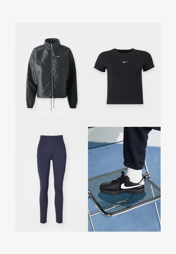 Chaqueta negra corta con cuello alto, cierre de cremallera, puños de elastano y un logo de Nike en blanco. Tejido suave y brillante con una superficie ligeramente texturizada.; Camiseta negra de manga corta hecha de algodón con un cuello redondo. Presenta un logo blanco de Nike en el pecho, diseño minimalista y forma ajustada.; Nike Performance ONE 7/8 - Leggings - obsidian; Zapatillas Nike negras con acentos blancos, con una textura de cuero suave, diseño de cordones y punta redondeada, colocadas sobre una silla de cristal.