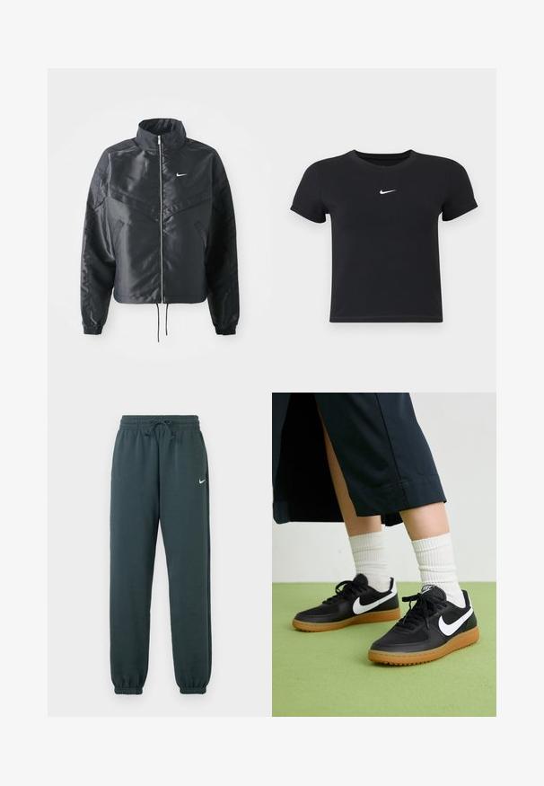 Juoda trumpa striukė su aukštu coloru, užtrauktuku, elastaniniu rankogaliu ir balta Nike logotipu. Lygus, blizgus audinys su šiek tiek tekstūruotu paviršiumi.; Juodas trumpas rankoves marškinėliai, pagaminti iš medvilnės, su apvaliu kaklu. Pasižymi balta Nike logotipu ant krūtinės, minimalistišku dizainu ir prigludusia forma.; Tamsiai žali Nike džinsai, pagaminti iš minkštos medžiagos, su elastingu juosmeniu, reguliuojamu raišteliu ir aptemptais kulkšniais.; Juodos odinės ir sintetinių medžiagų sportbačiai su balta Nike swoosh, guminis padas, apvalus pirštas ir juodi raišteliai. Matomos banguotos baltos kojinės.