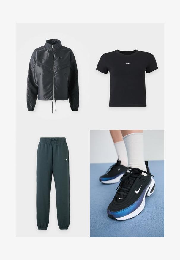 Mustat lyhyet takit, joissa on korkea kaulus, vetoketjukiinnitys, elastaanista valmistetut hihan suut ja valkoinen Nike-logo. Sileä, kiiltävä kangas, jossa on hieman tekstuuria.; Mustat lyhyet hihattomat t-paidat, jotka on valmistettu puuvillasta ja joissa on pyöreä pääntie. Sisältää valkoisen Nike-logon rinnassa, yksinkertainen muotoilu ja kapea leikkaus.; Tummanvihreät Nike-housut, jotka on valmistettu pehmeästä kankaasta. Niissä on joustava vyötärö, jossa on säädettävä nyöri ja käänteet lahkeissa.; Mustat Nike-tennarit, joissa on sileä kangaspinta, gradientti sinisestä mustaan -design, valkoinen pohja ja erottuvat logokatkaisijat.
