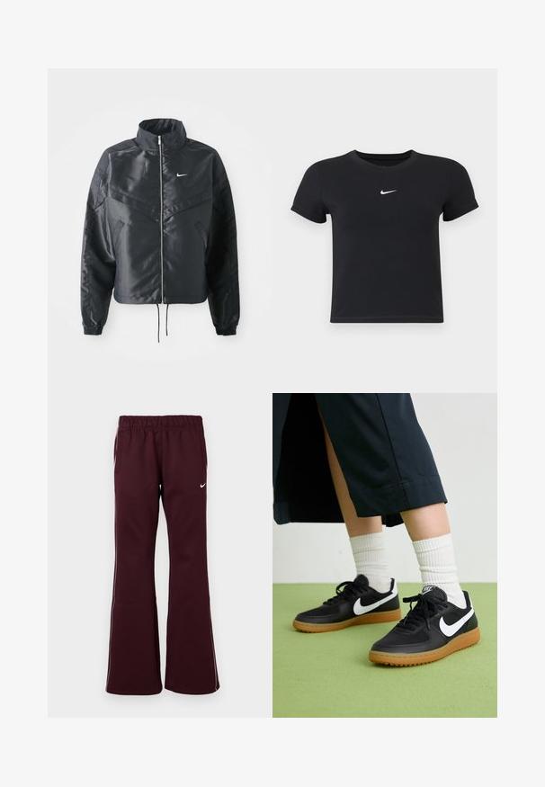 Melna apgriezta jaka ar augstu apkakli, rāvējslēdzēja aizdari, elastīna aprocēm un baltu Nike logo. Gluda, spīdīga auduma ar nedaudz teksturētu virsmu.; Melns īsām piedurknēm T-krekls no kokvilnas ar apaļu kakla izgriezumu. Ar balto Nike logotipu uz krūtīm, minimālisma dizains un pieguļošs siluets.; Tumši sarkani sporta bikses ar izplūdušu dizainu, elastīgu jostu un sānu kabatām. Satur baltu maliņu un nelielu logotipu priekšpusē.; Melna āda un sintētiska materiāla sporta apavi ar baltu Nike logo, gumijas zole, apaļa purngala forma un melni šņores. Redzamas ribotas baltas zeķes.