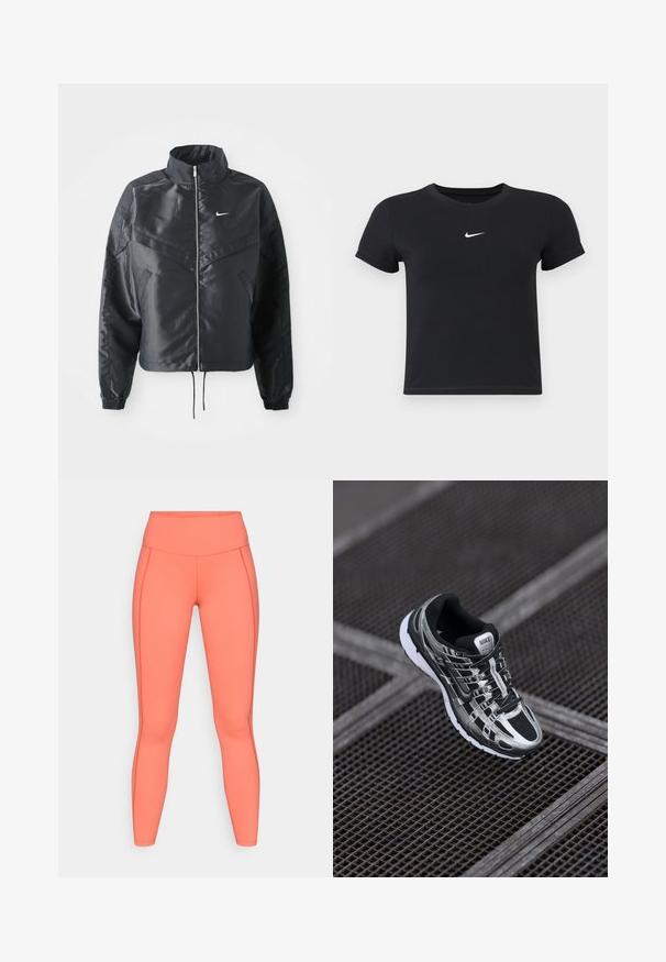 Zwarte cropped jack met hoge kraag, ritsluiting, elastische manchetten en een wit Nike-logo. Glad, glanzend materiaal met een licht gestructureerd oppervlak.; Zwarte katoenen t-shirt met korte mouwen en ronde hals. Voorzien van een wit Nike-logo op de borst, minimalistisch ontwerp en een aansluitende pasvorm.; Koraal leggings van elastische stof, met een hoge tailleband en contrasterende zijnaad. Ze hebben een gladde textuur en volledige bedekking.; Nike hardloopschoen met een zwart en zilver kleurenschema, bovenwerk van mesh, tekstuurzool en vetersysteem voor een veilige pasvorm.