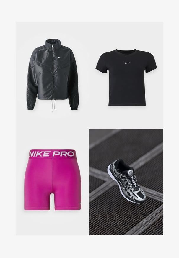 Črna skrajšana jakna z visokim ovratnikom, zadrgo, elastan rokavi in belim logotipom Nike. Gladek, sijoč material z rahlo teksturirano površino.; Črna kratka majica z rokavi iz bombaža s krožnim vratnim izrezom. Ima bel Nike logotip na prsih, minimalističen dizajn in oprijet kroj.; Nike Performance SHORT - Pajkice - hot fuchsia; Nike tekaške čevlje s črno-srebrno barvno shemo, mrežastim zgornjim delom, teksturiranim podplatom in sistemom vezalk za varen oprijem.
