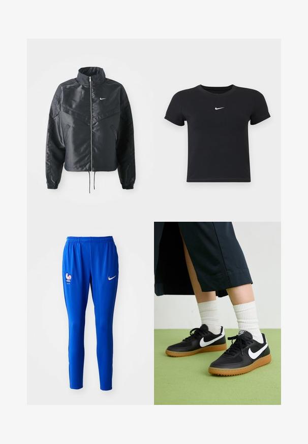 Melna apgriezta jaka ar augstu apkakli, rāvējslēdzēja aizdari, elastīna aprocēm un baltu Nike logo. Gluda, spīdīga auduma ar nedaudz teksturētu virsmu.; Melns īsām piedurknēm T-krekls no kokvilnas ar apaļu kakla izgriezumu. Ar balto Nike logotipu uz krūtīm, minimālisma dizains un pieguļošs siluets.; Zilas sporta bikses, izgatavotas no viegla materiāla, ar logo un emblemu kreisajā augšstilbā, pieguļošs dizains un elastīga josta.; Melna āda un sintētiska materiāla sporta apavi ar baltu Nike logo, gumijas zole, apaļa purngala forma un melni šņores. Redzamas ribotas baltas zeķes.