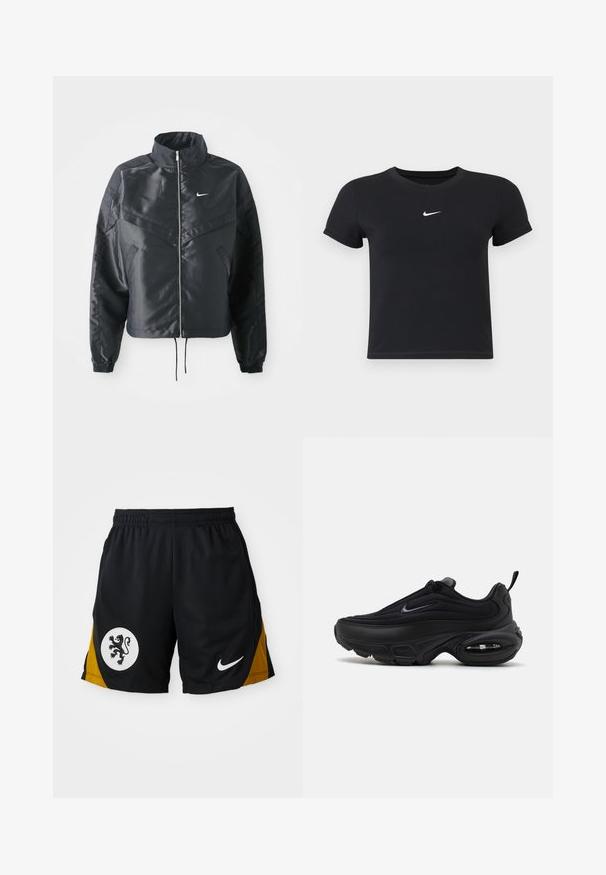 Svart cropped jakke med høy krage, glidelåsåpning, elastiske mansjetter og en hvit Nike-logo. Glatt, shiny stoff med en lett teksturert overflate.; Svart T-skjorte med kort arm laget av bomull med rund hals. Har en hvit Nike-logo på brystet, minimalistisk design og tettsittende fasong.; Sorte treningshorts med et gult aksentpanel, et hvitt sirkulært emblem med en svart løve, og en hvit Nike-logo på kanten.; Svart atletisk sko med en jevn, teksturert overdel. Har rund tå, polstret krage og synlig luftputefor i sålen.