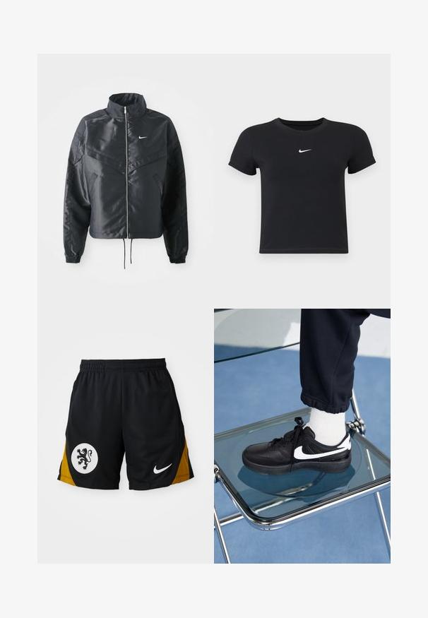 Svart kort jacka med hög krage, dragkedja, ärmslut i elastan och en vit Nike-logotyp. Slät, glänsande tyg med en något strukturerad yta.; Svart kortärmad t-shirt i bomull med rund halsringning. Har en vit Nike-logotyp på bröstet, minimalistisk design och figurnära passform.; Svarta träningsshorts med en gul accentpanel, en vit rund emblem med en svart lejon och en vit Nike-logotyp på fållen.; Svarta Nike-sneakers med vita detaljer, med en slät läderstruktur, snörningsdesign och rund tå, placerade på en glasstol.