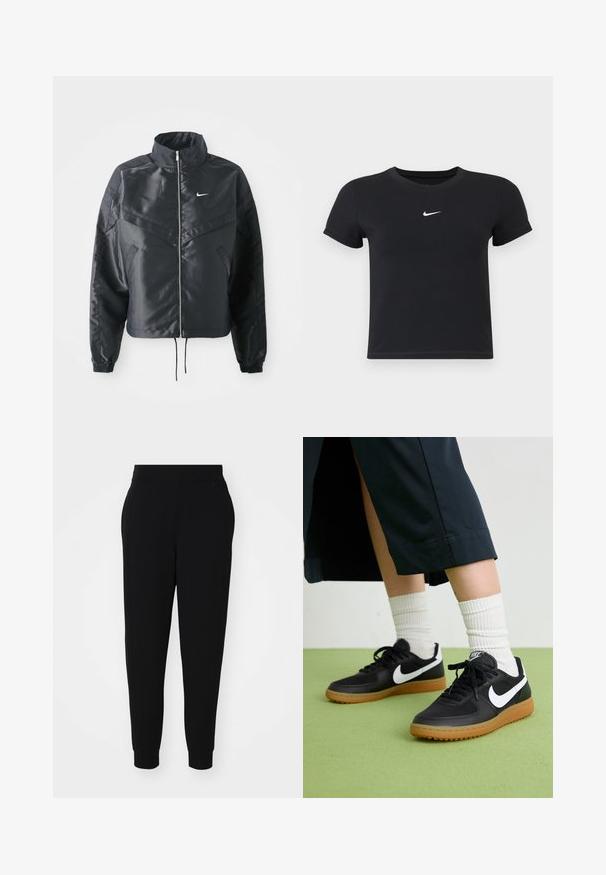 Casaco preto curto com colarinho alto, fecho de zip, punhos em elastano e um logótipo Nike branco. Tecido suave e brilhante com uma superfície ligeiramente texturizada.; T-shirt preta de manga curta feita de algodão, com decote redondo. Apresenta um logótipo branco da Nike no peito, design minimalista e corte ajustado.; Calças de jogging pretas feitas de tecido suave, com pernas ajustadas, faixa elástica na cintura e punhos canelados, apresentando costuras laterais para um visual elegante.; Sapatilhas pretas em couro e sintético com o logo da Nike em branco, sola de borracha tipo goma, bico redondo e atacadores pretos. Meias brancas com frunces visíveis.