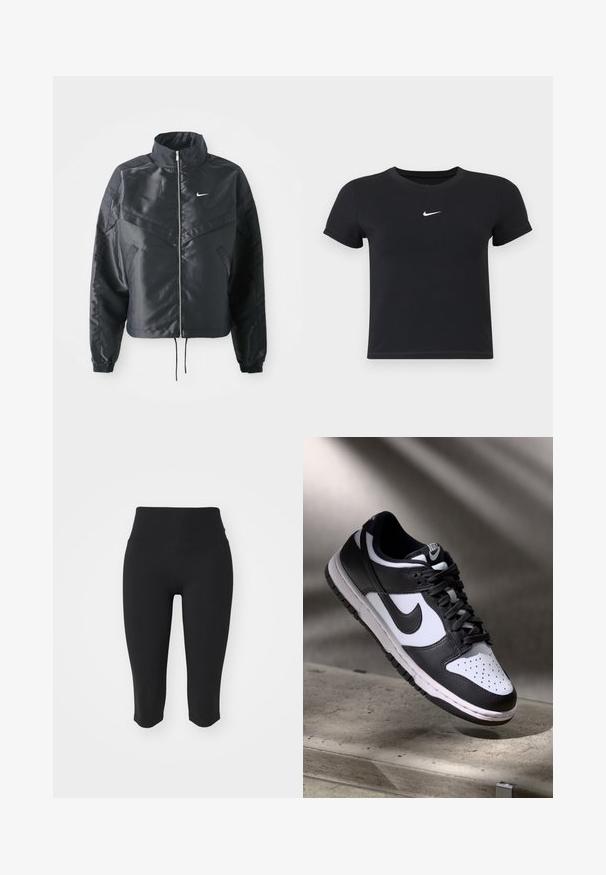 Black cropped jacket with high collar, zip closure, elastane cuffs, and a white Nike logo. Smooth, shiny fabric with a slightly textured surface.; Black short-sleeve t-shirt made of cotton with a round neckline. Features a white Nike logo on the chest, minimalistic design, and fitted shape.; Black capri leggings with a high waistband, made of smooth, stretchy fabric. Features a simple design and no visible hardware or patterns.; Black and white Nike Dunk Low sneaker with leather upper, perforated toe box, and black laces, featuring a white sole and logo accents.