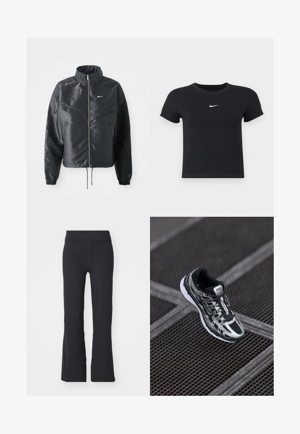 Melna apgriezta jaka ar augstu apkakli, rāvējslēdzēja aizdari, elastīna aprocēm un baltu Nike logo. Gluda, spīdīga auduma ar nedaudz teksturētu virsmu.; Melns īsām piedurknēm T-krekls no kokvilnas ar apaļu kakla izgriezumu. Ar balto Nike logotipu uz krūtīm, minimālisma dizains un pieguļošs siluets.; Melni izplūdušo bikses, izgatavotas no elastīgas auduma ar augstu jostasvietu. Izceļas ar gludām līnijām un vienmērīgu tekstūru, piemērotas ikdienas valkāšanai.; Nike skriešanas apavi ar melnas un sudraba krāsas shēmu, acs augšdaļu, teksturētu zoli un saistes sistēmu drošai piegulšanai.