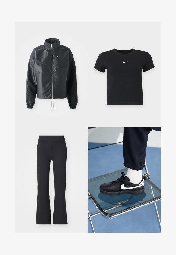 Svart kort jacka med hög krage, dragkedja, ärmslut i elastan och en vit Nike-logotyp. Slät, glänsande tyg med en något strukturerad yta.; Svart kortärmad t-shirt i bomull med rund halsringning. Har en vit Nike-logotyp på bröstet, minimalistisk design och figurnära passform.; Svarta utsvängda byxor i stretchy tyg med hög midja. Har rena linjer och en slät yta, passar för avslappnad användning.; Svarta Nike-sneakers med vita detaljer, med en slät läderstruktur, snörningsdesign och rund tå, placerade på en glasstol.