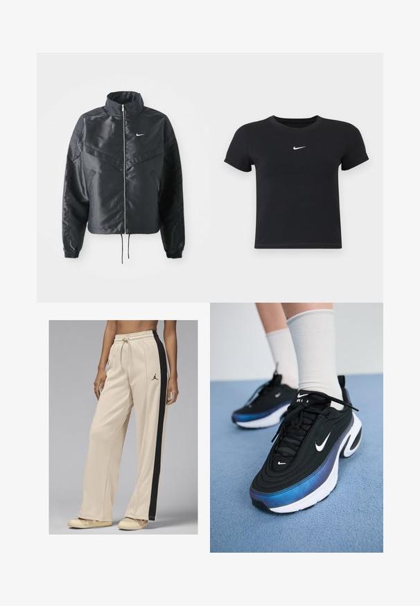 Svart cropped jakke med høy krage, glidelåsåpning, elastiske mansjetter og en hvit Nike-logo. Glatt, shiny stoff med en lett teksturert overflate.; Svart T-skjorte med kort arm laget av bomull med rund hals. Har en hvit Nike-logo på brystet, minimalistisk design og tettsittende fasong.; Beige treningsbukser med svarte side-striper, elastisk midje og snøring. Har en liten svart logo på venstre lår. Glatt tekstur.; Sorte Nike joggesko med en glatt stoffoverdel, med et gradientdesign fra blått til svart, hvit såle og fremtredende logoaksenter.