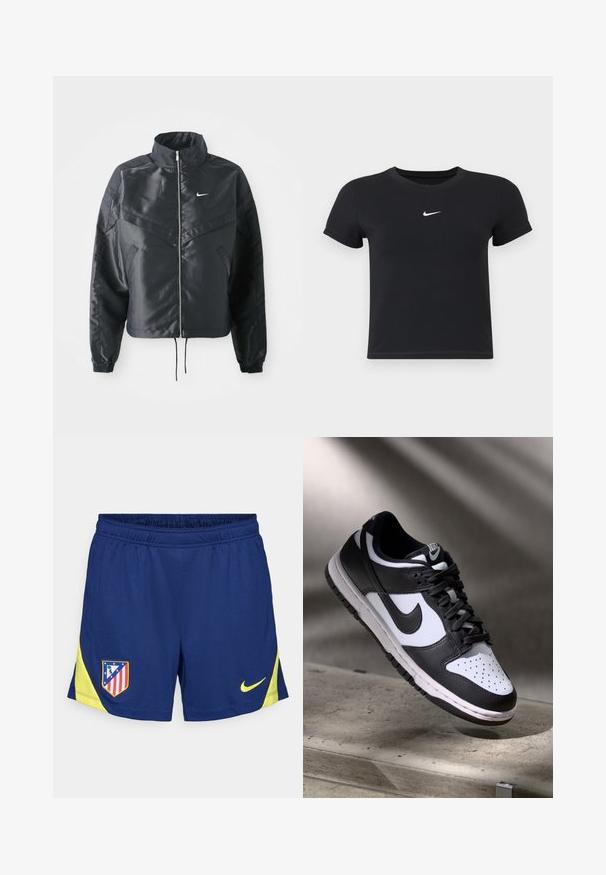 Sort cropped jakke med høj krave, lynlås lukning, elastiske manchetter og et hvidt Nike-logo. Glat, blankt stof med en let struktureret overflade.; Sort kortærmet t-shirt lavet af bomuld med rund hals. Har et hvidt Nike-logo på brystet, minimalistisk design og tætsiddende pasform.; Marineblå sportsbukser med gule detaljer, udstyret med elastisk talje og sidelommer. Broderet klublogo på venstre lår.; Sorthvid Nike Dunk Low sneakers med læderoverdel, perforeret tåboks og sorte snørebånd, udstyret med en hvid sål og logo accenter.