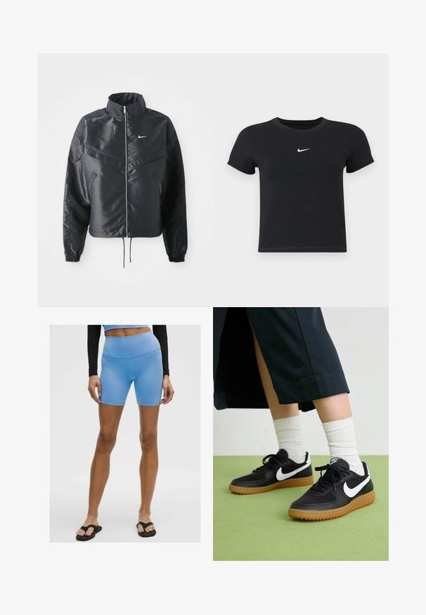 Sort cropped jakke med høj krave, lynlås lukning, elastiske manchetter og et hvidt Nike-logo. Glat, blankt stof med en let struktureret overflade.; Sort kortærmet t-shirt lavet af bomuld med rund hals. Har et hvidt Nike-logo på brystet, minimalistisk design og tætsiddende pasform.; Lyseblå sportsshorts lavet af glat, strækbart materiale. Har høj talje og en tætsiddende pasform, kombineret med sorte flip-flops.; Sorte læder- og syntetiske sneakers med hvid Nike swoosh, gummisål, rund tå og sorte snørebånd. Ribbede hvide sokker synlige.