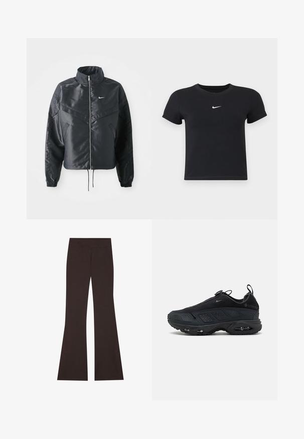 Svart cropped jakke med høy krage, glidelåsåpning, elastiske mansjetter og en hvit Nike-logo. Glatt, shiny stoff med en lett teksturert overflate.; Svart T-skjorte med kort arm laget av bomull med rund hals. Har en hvit Nike-logo på brystet, minimalistisk design og tettsittende fasong.; Brune flared bukser med bred talje, lavet af strækbart materiale. Har sidelægger ved kanten og flade sømme.; Svarte sneakers med en teksturert mesh-overdel, gummisål og synlig luftdemping. Har stropper og perforerte detaljer for pusteevne.