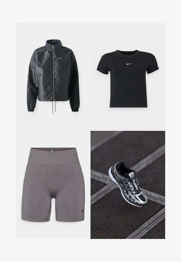 Veste noire courte avec col haut, fermeture éclair, poignets en élasthanne et logo Nike blanc. Tissu lisse et brillant avec une surface légèrement texturée.; T-shirt noir à manches courtes en coton avec un col rond. Présente un logo Nike blanc sur la poitrine, un design minimaliste et une coupe ajustée.; Shorts de sport gris texturé avec une large ceinture élastique et un logo subtil sur le bas à gauche. Le tissu présente un motif.; Chaussure de course Nike avec un design noir et argent, tige en mesh, semelle texturée et système de laçage pour un maintien sécurisé.
