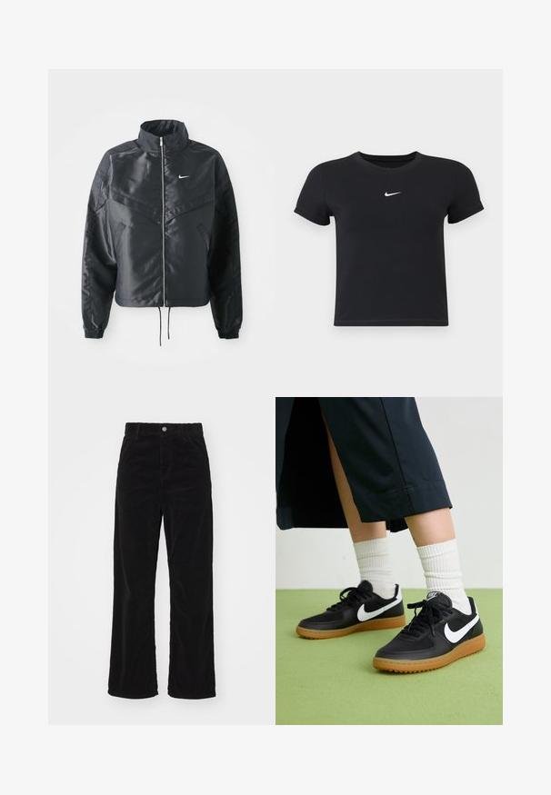 Veste noire courte avec col haut, fermeture éclair, poignets en élasthanne et logo Nike blanc. Tissu lisse et brillant avec une surface légèrement texturée.; T-shirt noir à manches courtes en coton avec un col rond. Présente un logo Nike blanc sur la poitrine, un design minimaliste et une coupe ajustée.; Pantalons larges en corduroy noir avec taille haute, présentant une fermeture à bouton et fermeture éclair à l'avant, et une texture côtelée verticale sur l'ensemble.; Baskets noires en cuir et synthétique avec le swoosh blanc de Nike, semelle en caoutchouc, bout rond et lacets noirs. Chaussettes blanches côtelées visibles.