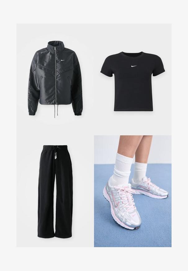 Black cropped jacket with high collar, zip closure, elastane cuffs, and a white Nike logo. Smooth, shiny fabric with a slightly textured surface.; Black short-sleeve t-shirt made of cotton with a round neckline. Features a white Nike logo on the chest, minimalistic design, and fitted shape.; Black jogger pants made of soft fabric, featuring a drawstring waist and loose fit. No patterns. Simple design with cuffed hems and side pockets.; Nike running shoes featuring a silver mesh upper with pink accents, white laces, and a textured sole. Worn with white cotton athletic socks.