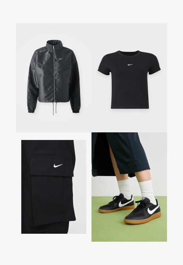Mustat lyhyet takit, joissa on korkea kaulus, vetoketjukiinnitys, elastaanista valmistetut hihan suut ja valkoinen Nike-logo. Sileä, kiiltävä kangas, jossa on hieman tekstuuria.; Mustat lyhyet hihattomat t-paidat, jotka on valmistettu puuvillasta ja joissa on pyöreä pääntie. Sisältää valkoisen Nike-logon rinnassa, yksinkertainen muotoilu ja kapea leikkaus.; Mustat cargo-shortsit, jotka on valmistettu teksturoidusta kankaasta, jossa on suuri sivutasku ja valkoinen Nike-logo edessä.; Mustat nahka- ja synteettiset urheilukengät, joissa on valkoinen Nike-merkki, kuminen pohja, pyöreä kärki ja mustat nauhat. Raitapintaiset valkoiset sukat näkyvissä.