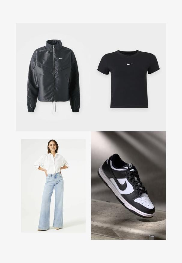 Chaqueta negra corta con cuello alto, cierre de cremallera, puños de elastano y un logo de Nike en blanco. Tejido suave y brillante con una superficie ligeramente texturizada.; Camiseta negra de manga corta hecha de algodón con un cuello redondo. Presenta un logo blanco de Nike en el pecho, diseño minimalista y forma ajustada.; Camisa blanca de botón con mangas arremangadas, combinada con jeans de pierna ancha en azul claro. Los jeans tienen una cintura alta y un acabado desgastado.; Zapatilla Nike Dunk Low en blanco y negro con parte superior de cuero, caja de dedos perforada y cordones negros, que cuenta con una suela blanca y acentos de logo.