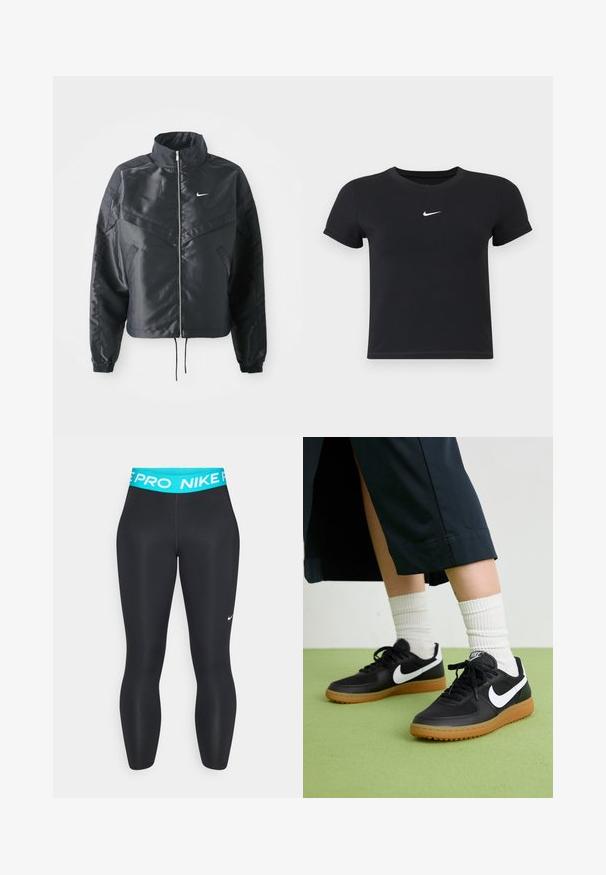 Crna kratka jakna s visokim ovratnikom, zatvaranjem na patentni zatvarač, elastinim rukavima i bijelim Nike logom. Glatka, sjajna tkanina s lagano teksturiranom površinom.; Crna majica kratkih rukava od pamuka s okruglim izrezom. Ima bijeli Nike logotip na prsima, minimalistički dizajn i oblik koji prati liniju tijela.; Crne atletske tajice s tirkiznim pojasom oznake "NIKE PRO." Imaju glatku teksturu i prilagođeni su kroj.; Crne kožne i sintetičke tenisice s bijelim Nike swooshom, gumeni potplat, okrugli vrh i crne vezice. Vidljive rebraste bijele čarape.