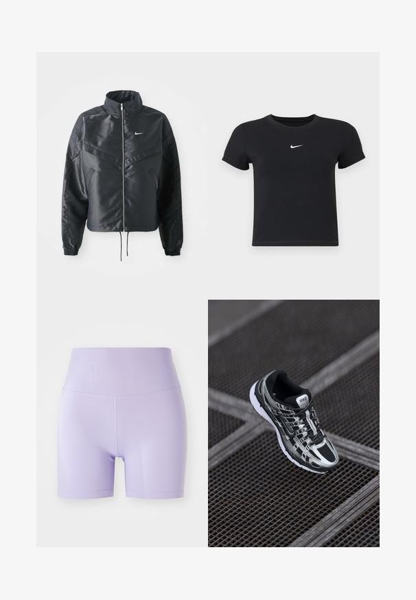 Mustat lyhyet takit, joissa on korkea kaulus, vetoketjukiinnitys, elastaanista valmistetut hihan suut ja valkoinen Nike-logo. Sileä, kiiltävä kangas, jossa on hieman tekstuuria.; Mustat lyhyet hihattomat t-paidat, jotka on valmistettu puuvillasta ja joissa on pyöreä pääntie. Sisältää valkoisen Nike-logon rinnassa, yksinkertainen muotoilu ja kapea leikkaus.; Violetti aktiivishortsit, joissa on korkea vyötärö, sileä joustava materiaali ja polvipitkä leikkaus. Mukana litteät saumat mukavuutta varten.; Nike juoksukengät, joissa on musta ja hopea väriyhdistelmä, verkkomainen päällinen, karkea pohja ja sidontajärjestelmä varman istuvuuden takaamiseksi.