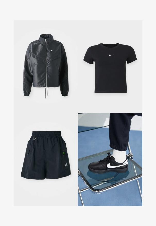 Černá zkrácená bunda s vysokým límcem, zipovým zapínáním, elastickými manžetami a bílým logem Nike. Hladká, lesklá látka s mírně strukturovaným povrchem.; Černé tričko s krátkým rukávem vyrobené z bavlny s kulatým výstřihem. Na hrudi se nachází bílé logo Nike, minimalistický design a přiléhavý střih.; Černé šortky vyrobené z lehké látky, s elastickým pasem, bočními kapsami na zip a trojúhelníkovým logem na lemu.; Černé tenisky Nike s bílými akcenty, s hladkou koženou texturou, šněrovacím designem a zaoblenou špičkou, umístěné na skleněné židli.