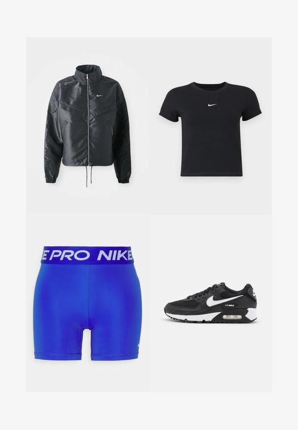 Crna kratka jakna s visokim ovratnikom, zatvaranjem na patentni zatvarač, elastinim rukavima i bijelim Nike logom. Glatka, sjajna tkanina s lagano teksturiranom površinom.; Crna majica kratkih rukava od pamuka s okruglim izrezom. Ima bijeli Nike logotip na prsima, minimalistički dizajn i oblik koji prati liniju tijela.; Plave atletske kratke hlače s crnim elastičnim pojasom na kojem stoji "NIKE PRO" u bijelom. Glatka tekstura i prilagođen dizajn.; Nike Air Max tenisice s crnom mrežicom i kožom, bijelim detaljima, vidljivim zračenjem i teksturiranim gumenim potplatima.
