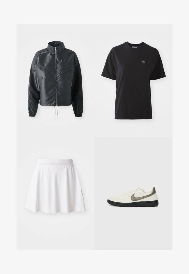 Černá zkrácená bunda s vysokým límcem, zipovým zapínáním, elastickými manžetami a bílým logem Nike. Hladká, lesklá látka s mírně strukturovaným povrchem.; Černé bavlněné tričko s kulatým výstřihem, krátkými rukávy a malým srdíčkovým logem v levém horním rohu. Hladká textura, uvolněný střih.; Bílé rozšířené sukni z měkké tkaniny, s elastickým pasem a hladkou texturou. Minimalistický design bez vzorů nebo akcentů.; Nike Sportswear FIELD GENERAL - Tenisky - off-white/black