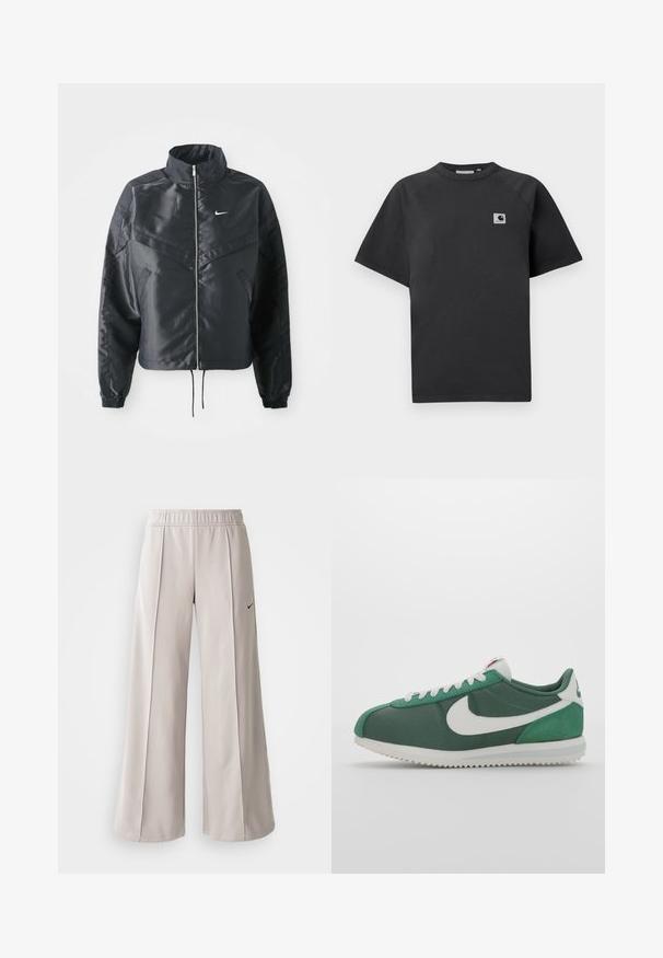 Must kolledžiga must lühike jope, millel on lukuga sulgus, elastne mansett ja valge Nike logo. Sile, läikiv kangas, millel on veidi tekstureeritud pind.; Mustast puuvillast T-särgist, millel on ümar kaelus, lühikesed varrukad ja ristkülikukujuline logo paigaldus vasakul rinna poolel.; Heledad hallide püksid, mis on valmistatud siledast kangast. Omab elastset vöökohta ja musta Nike logo vasakul küljel.; Roheline sporditoss, millel on kanvasest ülemine osa, valge Swooshi logo, tekstureeritud detailid ja kummist talla zigzag trükimuster.