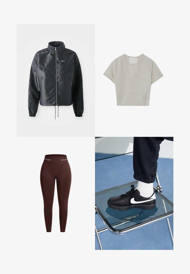 Sort cropped jakke med høj krave, lynlås lukning, elastiske manchetter og et hvidt Nike-logo. Glat, blankt stof med en let struktureret overflade.; Beige atletisk crop top med korte ærmer, rund hals og sømdetaljer. Fremstillet af letvægts, strækbart stof for komfort.; Brune leggings med en bred elastisk talje, der har hvid tekst med "SMIL". Glat stof, tætsiddende design, ingen synlige sømme eller mønstre.; Sorte Nike sneakers med hvide detaljer, der har en glat læderoverflade, snørebånd og rund tå, placeret på en glasstol.
