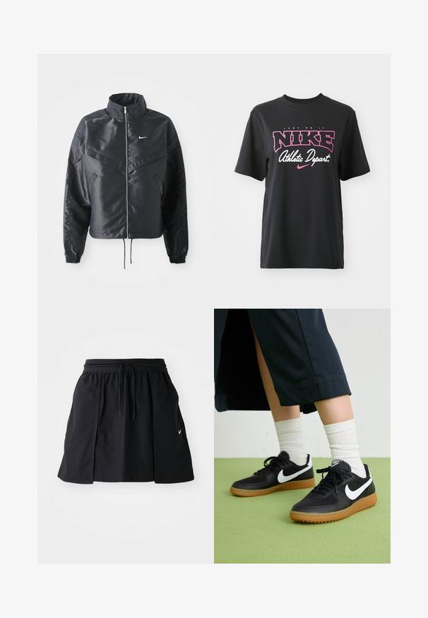 Casaco preto curto com colarinho alto, fecho de zip, punhos em elastano e um logótipo Nike branco. Tecido suave e brilhante com uma superfície ligeiramente texturizada.; T-shirt de algodão preto com impressão gráfica em rosa e branco com o texto "FAÇA ACONTECER", "NIKE" e "Departamento Atlético". Corte standard.; Saia desportiva preta com cintura elástica e cordão ajustável. Apresenta fendas laterais, tecido leve e um pequeno logótipo na bainha.; Sapatilhas pretas em couro e sintético com o logo da Nike em branco, sola de borracha tipo goma, bico redondo e atacadores pretos. Meias brancas com frunces visíveis.