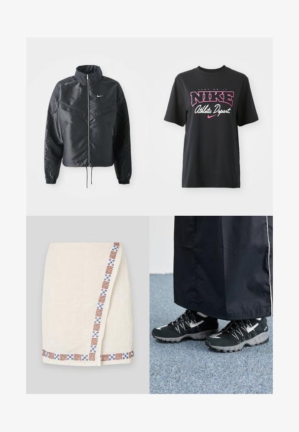 Veste noire courte avec col haut, fermeture éclair, poignets en élasthanne et logo Nike blanc. Tissu lisse et brillant avec une surface légèrement texturée.; T-shirt en coton noir avec un imprimé graphique en rose et blanc portant les textes "JUST DO IT", "NIKE" et "Athletic Depart." Coupe standard.; Jupe portefeuille couleur crème en tissu texturé, avec une bordure à motifs en formes géométriques marron et bleues le long d'un côté.; Des chaussures de sport noires avec un dessus texturé, des accents argentés et une semelle extérieure à motifs, associées à un long vêtement noir. Présentées sur un tapis bleu.