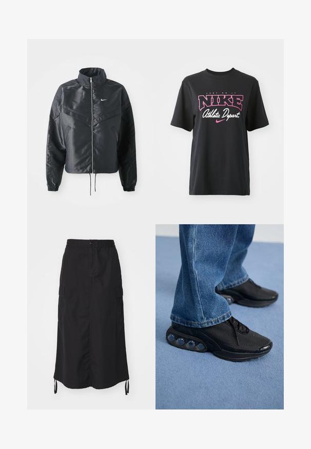 Chaqueta negra corta con cuello alto, cierre de cremallera, puños de elastano y un logo de Nike en blanco. Tejido suave y brillante con una superficie ligeramente texturizada.; Camiseta de algodón negra con un estampado gráfico en rosa y blanco que incluye el texto "JUST DO IT", "NIKE" y "Departamento Deportivo". Corte estándar.; Falda negra de longitud media hecha de tejido ligero. Cuenta con una cintura elástica, cierre de botones y bolsillos laterales con detalles de cordón.; Zapatillas deportivas negras con parte superior de malla, acentos texturizados y cápsulas de amortiguación de aire visibles en la suela. Combinadas con jeans de mezclilla azul.