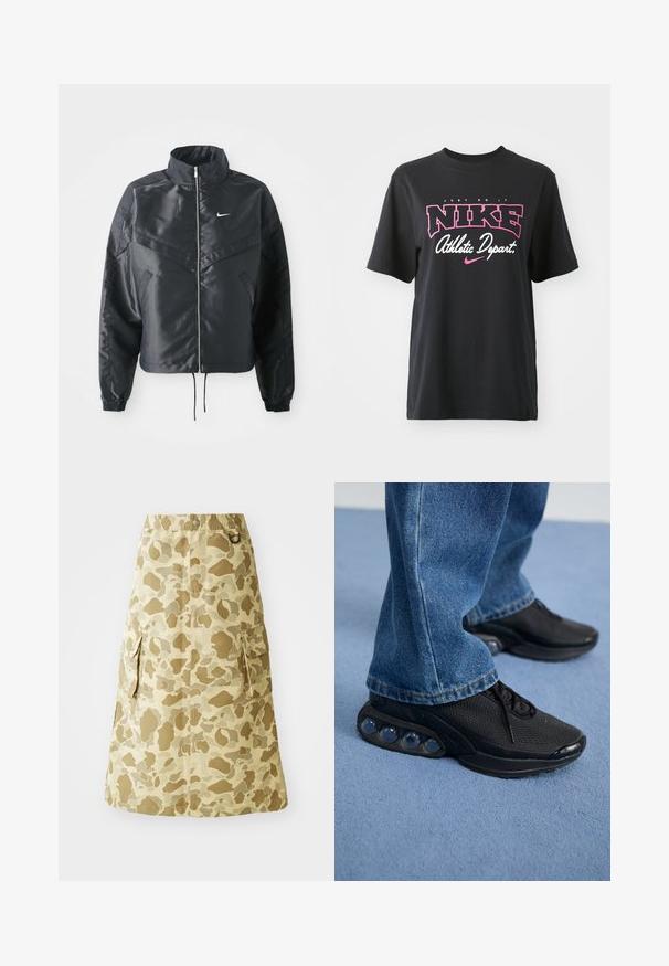 Black cropped jacket with high collar, zip closure, elastane cuffs, and a white Nike logo. Smooth, shiny fabric with a slightly textured surface.; Black cotton T-shirt featuring a graphic print in pink and white with the text "JUST DO IT," "NIKE," and "Athletic Depart." Standard fit.; Khaki skirt featuring a camouflage pattern, made of a smooth material, with an elastic waistband and two side pockets.; Black athletic sneakers with mesh upper, textured accents, and visible air cushioning pods in the sole. Worn with blue denim jeans.
