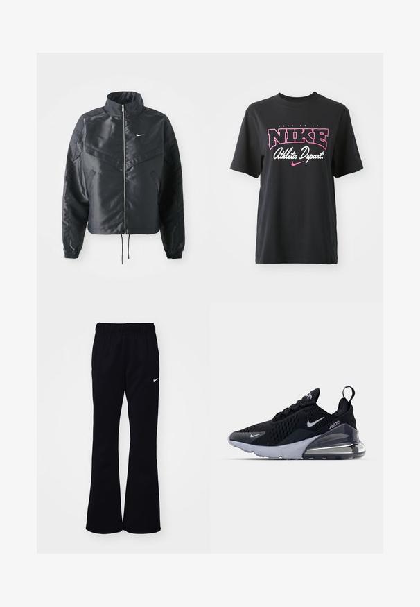 Chaqueta negra corta con cuello alto, cierre de cremallera, puños de elastano y un logo de Nike en blanco. Tejido suave y brillante con una superficie ligeramente texturizada.; Camiseta de algodón negra con un estampado gráfico en rosa y blanco que incluye el texto "JUST DO IT", "NIKE" y "Departamento Deportivo". Corte estándar.; Pantalones de chándal negros con una cinturilla elástica, perneras acampanadas, dos bolsillos laterales y un logo de Nike en blanco en el lado izquierdo.; Zapatilla deportiva negra con parte superior de malla, que presenta un logo de swoosh blanco, unidad de aire visible y una suela texturizada. Los acentos incluyen una pestaña de tirado trasera.