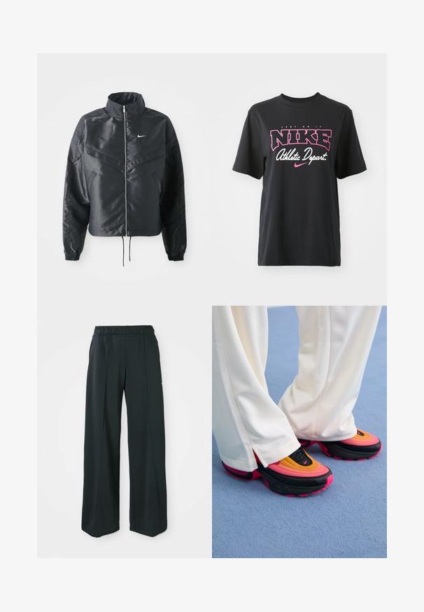 Must kolledžiga must lühike jope, millel on lukuga sulgus, elastne mansett ja valge Nike logo. Sile, läikiv kangas, millel on veidi tekstureeritud pind.; Must musta T-särk musta värviga, millel on roosa ja valge graafiline print tekstiga "JUST DO IT", "NIKE" ja "Athletic Depart." Tavaline lõige.; Mustad, laiad spordipüksid elastse vööniidega. Valmistatud siledast, venivast kangast, millel on kerge esiseam ja ei ole taskuid.; Mustad mustad tossud, mille ülaserv on mitmevärvilise gradientiga, sisaldades oranže, roosasid ja kollaseid toone; paks sola; kombineeritud valgete triibuliste pükstega.