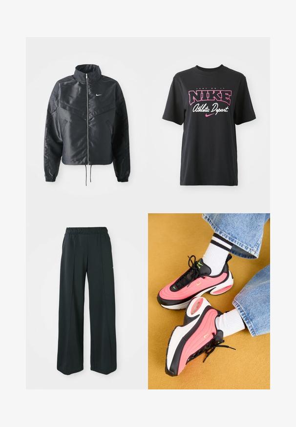 Fekete, rövidített dzseki magas gallérral, cipzáras záródással, elasztikus mandzsettákkal, és fehér Nike logóval. Simább, fényes anyag, enyhén textúrázott felülettel.; Fekete pamut póló, rózsaszín és fehér grafikai nyomattal, rajta a "JUST DO IT", "NIKE" és "Athletic Depart" feliratokkal. Szabványos fazon.; Fekete, bővülő szárú sportnadrág rugalmas derékkal. Simaság és rugalmasság jellemzi, finom elülső varrásokkal és zsebek nélkül.; Fekete és rózsaszín sportcipő, hullámzó mintával, fehér talppal és látható légkamrával, fekete fűzőkkel és zöld részletekkel kiegészítve.