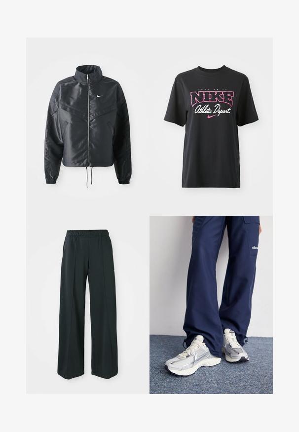 Melna apgriezta jaka ar augstu apkakli, rāvējslēdzēja aizdari, elastīna aprocēm un baltu Nike logo. Gluda, spīdīga auduma ar nedaudz teksturētu virsmu.; Melnas kokvilnas T-krekls ar rozā un baltu grafisko printu, kurā ir teksts "TIKAI DARĪT", "NIKE" un "Sporta nodaļa". Standarta piegriezums.; Melnas, platajās sporta bikses ar elastīgu jostu. Izgatavotas no gludas, elastīgas auduma, ar viegli pamanāmiem priekšējiem šuvēm un bez kabatām.; Nike sporta apavi ar sudraba sietu augšdaļu, baltām akcentiem un teksturētām zolēm, saskaņoti ar brīviem zila toņa biksēm.