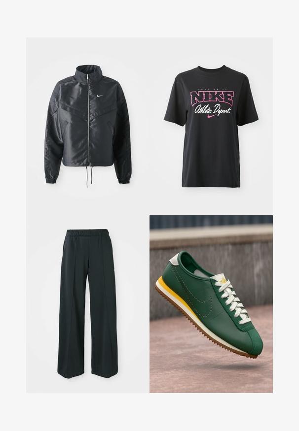 Svart cropped jakke med høy krage, glidelåsåpning, elastiske mansjetter og en hvit Nike-logo. Glatt, shiny stoff med en lett teksturert overflate.; Svart bomulls T-skjorte med grafisk trykk i rosa og hvitt med teksten "JUST DO IT," "NIKE," og "Athletic Depart." Standard passform.; Sorte, vide treningsbukser med elastisk midje. Laget av glatt, elastisk stoff, med subtile front sømmar og utan lommer.; Grønne lærersneakers med hvite lisser, perforert swoosh-logo, gul stripe på mellomsålen og brun gummisåle som svever over bakken.