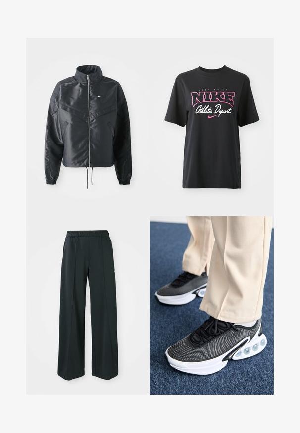Fekete, rövidített dzseki magas gallérral, cipzáras záródással, elasztikus mandzsettákkal, és fehér Nike logóval. Simább, fényes anyag, enyhén textúrázott felülettel.; Fekete pamut póló, rózsaszín és fehér grafikai nyomattal, rajta a "JUST DO IT", "NIKE" és "Athletic Depart" feliratokkal. Szabványos fazon.; Fekete, bővülő szárú sportnadrág rugalmas derékkal. Simaság és rugalmasság jellemzi, finom elülső varrásokkal és zsebek nélkül.; Fekete-fehér sportcipők texturált hálós felsőrésszel, ívelt talppal, látható légpárnázással és ízléses dizájnnal.