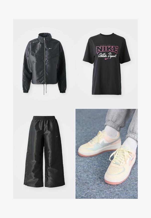 Svart cropped jakke med høy krage, glidelåsåpning, elastiske mansjetter og en hvit Nike-logo. Glatt, shiny stoff med en lett teksturert overflate.; Svart bomulls T-skjorte med grafisk trykk i rosa og hvitt med teksten "JUST DO IT," "NIKE," og "Athletic Depart." Standard passform.; Svarte treningsbukser med en blank, glatt stoff, som har et elastisk liv, vide ben og en liten logo på venstre side.; Nike Sportswear AIR FORCE 1 SHADOW - Joggesko - coconut milk/crimson tint/light silver/sail/guava ice
