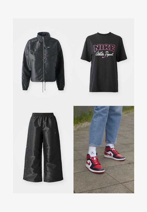 Casaco preto curto com colarinho alto, fecho de zip, punhos em elastano e um logótipo Nike branco. Tecido suave e brilhante com uma superfície ligeiramente texturizada.; T-shirt de algodão preto com impressão gráfica em rosa e branco com o texto "FAÇA ACONTECER", "NIKE" e "Departamento Atlético". Corte standard.; Calças atléticas pretas com um tecido brilhante e suave, apresentando uma cintura elástica, pernas largas e um pequeno logotipo do lado esquerdo.; Jordan AIR JORDAN 1 MID - Sapatilhas de cano alto - black/gym red/white